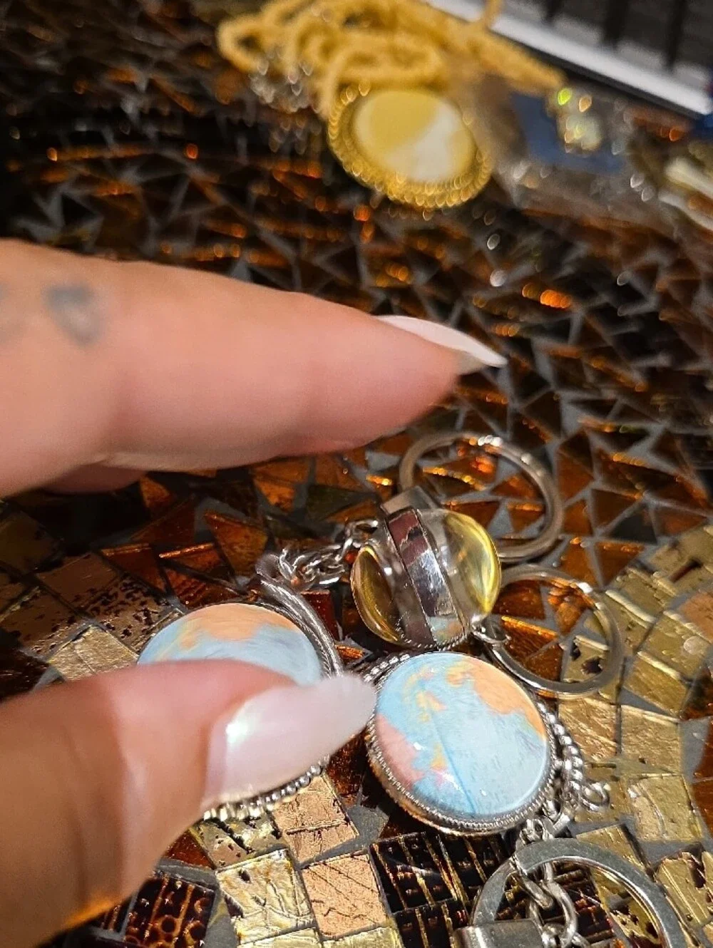 Source Unknown Silver Keychain with Iridescent Multicolor Pendant